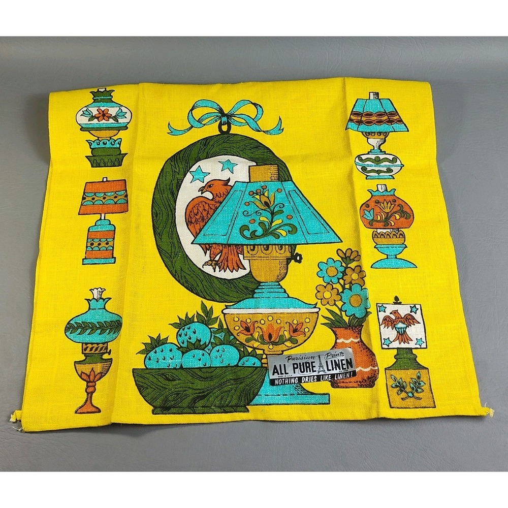 Vintage Parisian Prints MCM Colorful Tea Towel 100% Linen Lamps Patriotic Eagles